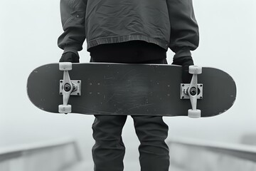 Person Holds a Used Skateboard, a Popular Extreme Sport,  Demonstrating Skill and Adrenaline, Outdoors on a Cloudy Day, Representing Urban Lifestyle and Hobbies