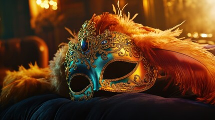 Elegant Venetian mask with orange feathers rests on a velvet surface.