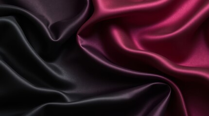 Obraz premium A luxurious background featuring a blend of black, dark gray, purple, and burgundy red silk satin fabric, showcasing elegant drapery with folds and creases that shimmer and shine, perfect for festive 