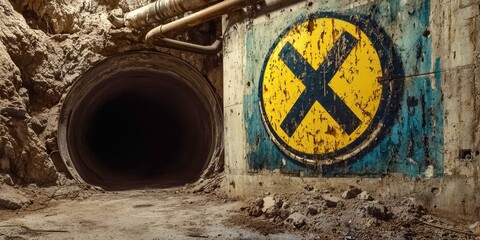 Tunnel with a yellow and blue sign that says X