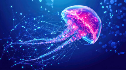 Colorful jellyfish swims among luminous particles in an underwater setting at twilight. Generative AI
