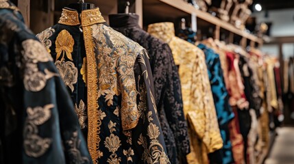 Obraz premium Ornate patterned jackets hang on a rack in a shop.