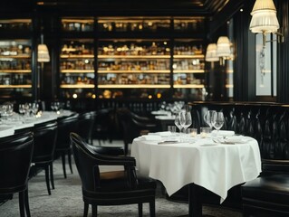 Luxurious dining setup featuring elegant table settings with fine glassware in an upscale restaurant ambiance, showcasing sophistication and style.