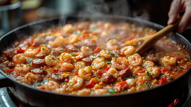 Hand scooping steaming jambalaya from a large pot filled with spices and rice