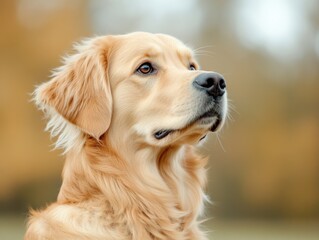 A joyful golden retriever is set against an autumnal background, showcasing its glossy coat and serene expression amidst golden-hued foliage.