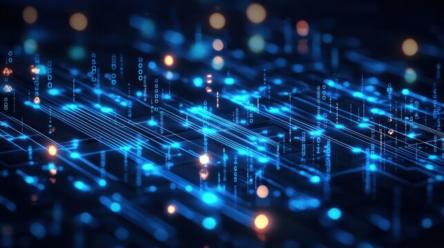 Abstract digital landscape with glowing lines and data streams representing technology.
