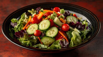 Fresh garden salad with mixed greens, cherry tomatoes, cucumbers, and carrots in a black bowl.