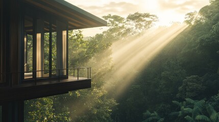 Sunrise illuminates modern house balcony overlooking lush rainforest.