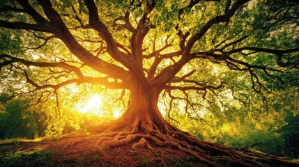 Fototapeta premium Majestic ancient tree at sunset, sunlight through leaves, exposed roots.