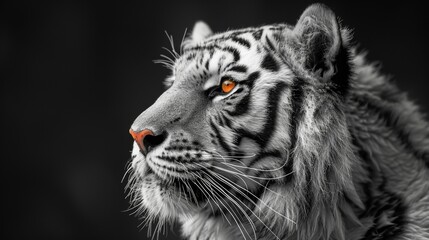Obraz premium A tiger with a black and white striped face and orange eyes