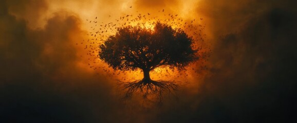 Silhouette of a tree with exposed roots against a fiery orange sunset sky, surrounded by birds.