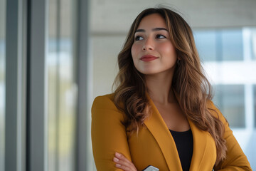 Fototapeta premium Happy Young Hispanic Businesswoman Using Tablet in Modern Office as Successful Leader and Career Dreamer