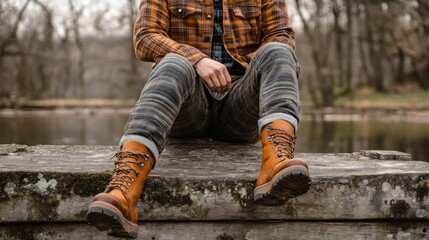 Man in plaid shirt and jeans sits by water, wearing tan boots.