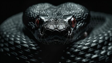 Fototapeta premium A close up of a black snake with red eyes