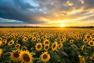 A vast sunflower field under a dramatic sky during sunset, with golden hues illuminating the landscape. Nature, beauty, and tranquility concept. Ai generative