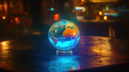 A glowing globe on a table, illuminated in a dimly lit environment.