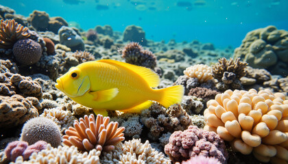 Obraz premium Vibrant yellow fish swimming among colorful coral reef, underwater beauty