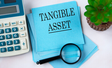 TANGIBLE ASSET - words on a blue piece of paper, a calculator, a magnifying glass and a cactus