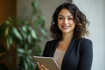 Happy Young Hispanic Businesswoman Using Tablet in Modern Office as Successful Leader and Career Dreamer






