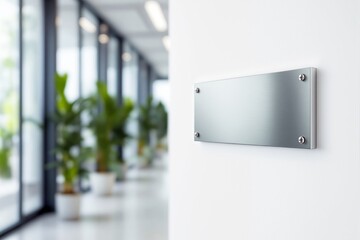 Metal plaque fixed to a white wall, blurred office hallway with plants and windows in the background, concept of blank signage or template. Ai generative