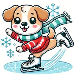 Fototapeta premium Cute Dog Playing Ice Skating Cartoon Vector Icon Illustration