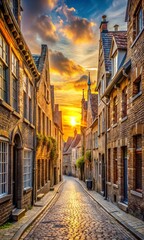 Fototapeta premium Tranquil sunrise over a historic cobblestone street lined with elegant old buildings, perfect for nature wallpaper background designs