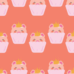 Seamless pattern with cute cartoon pink pigs in cup cake, for fabric prints, textiles, gift wrapping paper. children's colorful vector, flat style