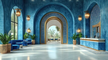 Luxurious blue hotel lobby with arched doorways, Moroccan design, and plush seating.