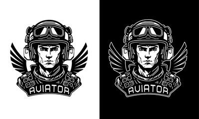 Vintage black and white color Pilot and eagle wings, vector illustration