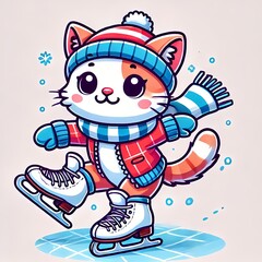 Cute Cat Playing Ice Skating Cartoon Vector Icon Illustration