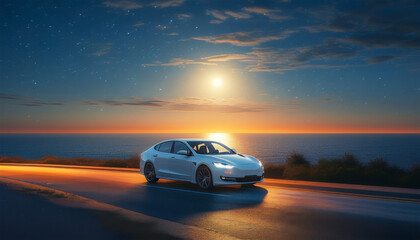 Fototapeta premium Elegant white sedan parked by the seaside during sunset with a picturesque view of the ocean