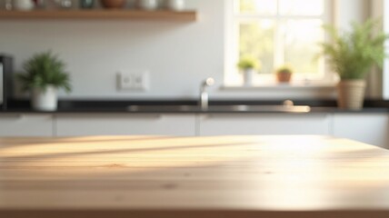 Fototapeta premium A sleek light wood kitchen table with a smooth surface in sharp focus, set against a blurred minimalist kitchen backdrop with cabinets, countertops, greenery and soft sunlight streaming in.