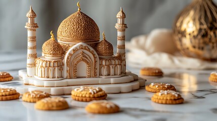 Golden mosque miniature with Eid cookies on marble.