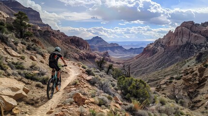 Fototapeta premium A mountain biker riding down a rocky trail with dramatic mountain views, navigating steep descents and sharp turns. 