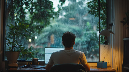 A man is sitting at a desk with a laptop in front of him