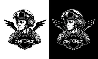 Vintage monochrome Pilot and eagle wings, vector illustration