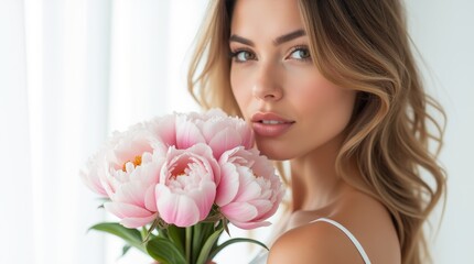 Fototapeta premium Woman holding pink peonies close to her face with a soft focus background. Studio portrait with natural light