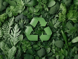 A green recycling symbol rests on a background of fresh leafy greens, emphasizing sustainability and eco-friendly practices.