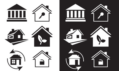  Collection home icons. House symbol. Set of real estate objects and houses black icons isolated on white background. Vector illustration.