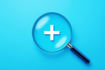 Fototapeta premium Magnifying glass focusing on a white plus sign, minimalistic style, placed on a vibrant blue background. Concept of search, addition, or focus. Ai generative