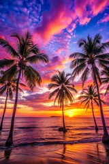 Obraz premium Vibrant tropical sunset with palm trees silhouetted against vivid pink, purple, and orange skies, reflecting on calm ocean waters