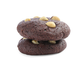Tasty chocolate cookies with hazelnuts isolated on white