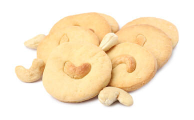 Tasty cashew cookies and nuts isolated on white