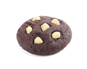 One tasty chocolate cookie with hazelnuts isolated on white