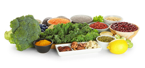 Superfood. Different healthy food products isolated on white