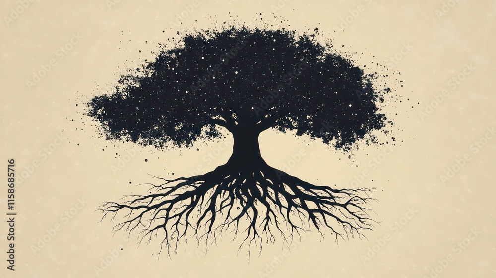 Poster silhouette of a large tree with extensive roots and leaves falling.