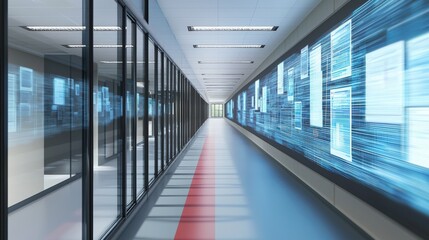 Modern Technology Corridor with Digital Data Flow and Glass Walls