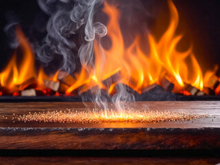 Embers and Smoke on Wooden Surface
