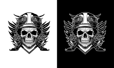 Vintage black and white color Pilot and eagle wings, vector illustration