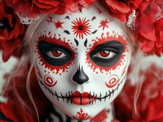 A close-up of a face painted with intricate red and black Día de los Muertos makeup, adorned with red flowers, embodying tradition and celebration.